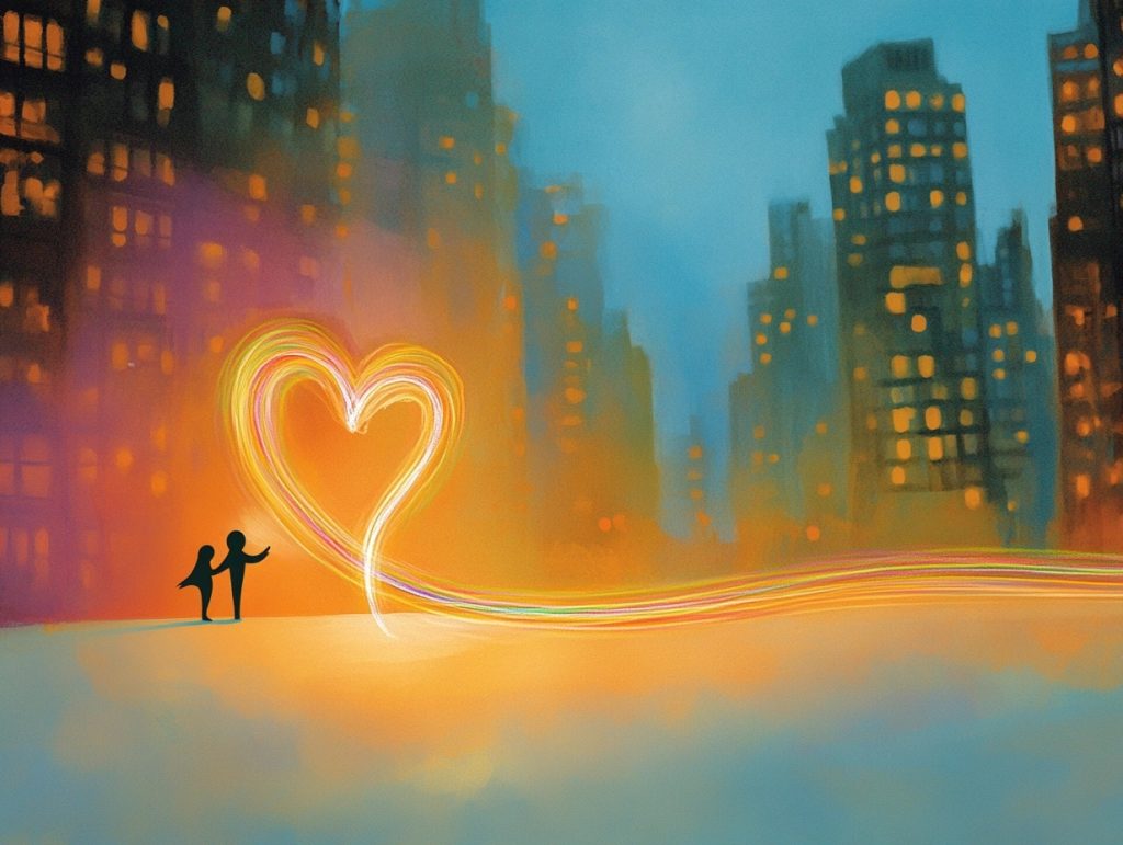 figures in relationship heart cityscape