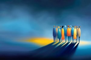 group of people casting long shadow