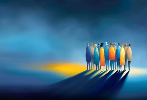 group of people casting long shadow