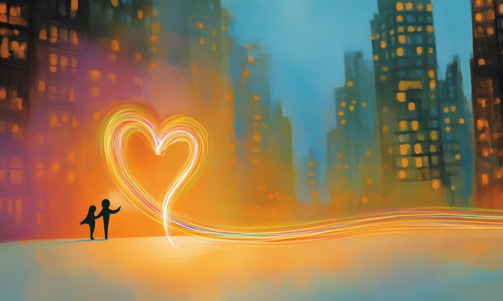 figures in relationship heart cityscape